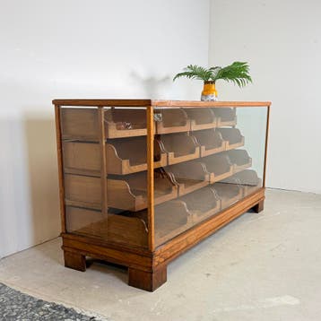 Massief Eiken Winkeltoonbank met 16 Lades & Glas – ca. 1940, Ophalen of Verzenden