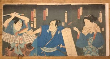 Antieke Japanse drieluik houtblok prent met kabuki acteurs -