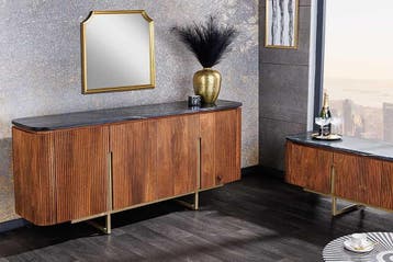 Design TV-bord GATSBY 160 cm bruin goud mangohout marmer, Ophalen of Verzenden, Nieuw