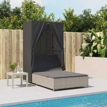 vidaXL Ligbed tweepersoons met dak en gordijn poly rattan, Tuin en Terras, Verzenden, Nieuw