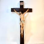 Crucifix - Groot Antiek Wandkruisbeeld - Gepolychromeerd