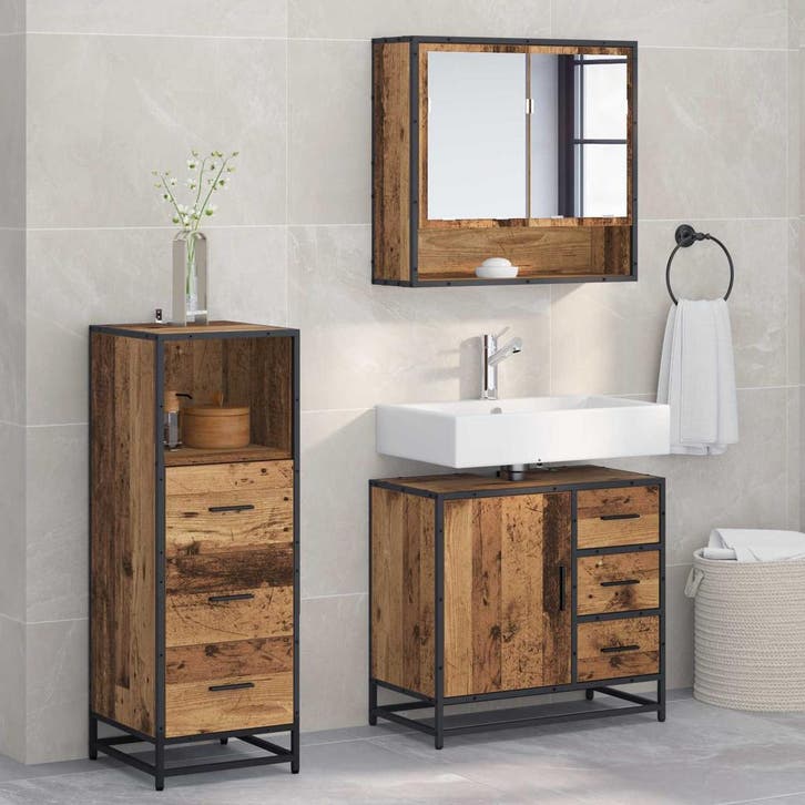 vidaXL Badkamermeubelset met lade 3 pcs Oud Hout Bewerkt, Huis en Inrichting, Badkamer | Badkamermeubels, Overige typen, Nieuw