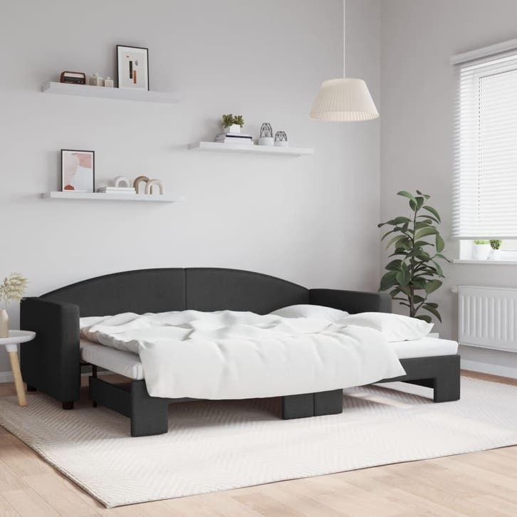 vidaXL Slaapbank met onderschuifbed 80x200 cm stof zwart, Huis en Inrichting, Slaapkamer | Bedden, 80 cm, 200 cm, Zwart, Eenpersoons
