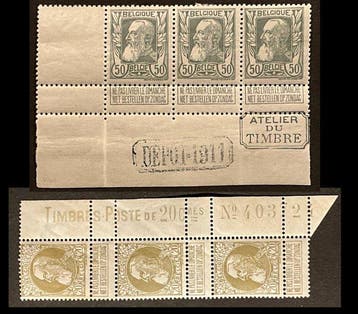 België 1905 - Leopold II Grove baard - 20c en 50c in strips, Gestempeld
