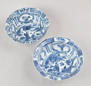Kom (2) - Two blue and white Kraak Klaptmus shallow bowls -