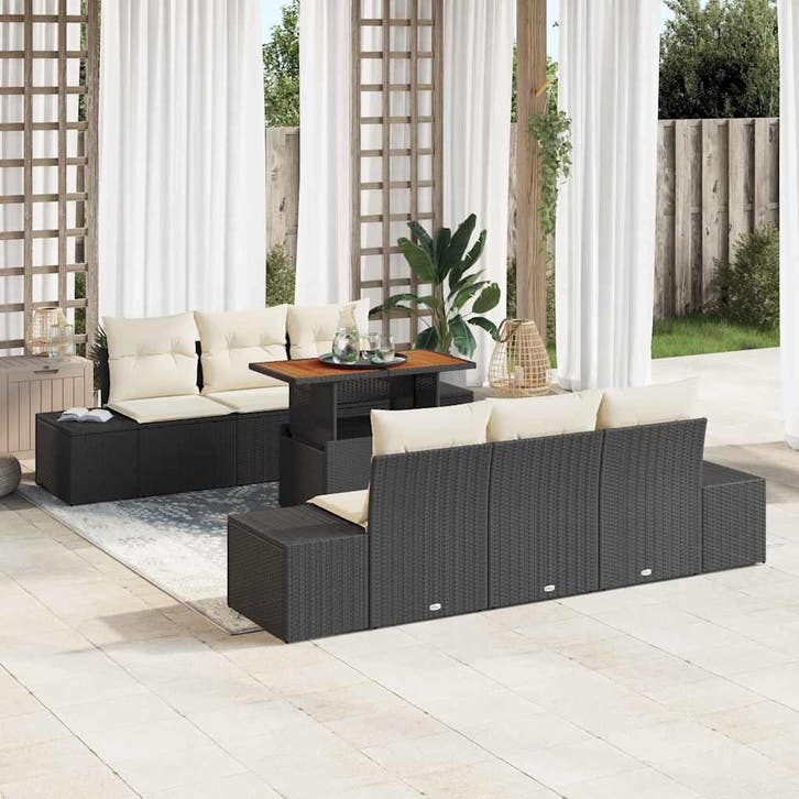 vidaXL Tuin Eetset met kussen 7 pcs Zwart en Crème, Tuin en Terras, Tuinsets en Loungesets, Nieuw, 7 zitplaatsen, Rotan, Verzenden