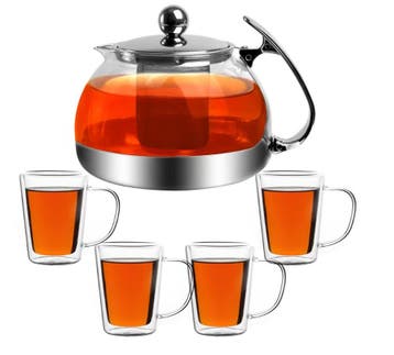 Theepot incl 4 Theeglazen Glas 1,2L met RVS Filter, Huis en Inrichting, Verzenden, Nieuw