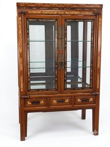Antieke Chinese Vitrine - Hout, Messing, Glas, Been - Antiek, Antiek en Kunst