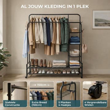 Lumeva XXL Kledingrek op Wieltjes - Dubbel Garderoberek met, Ophalen of Verzenden, Nieuw