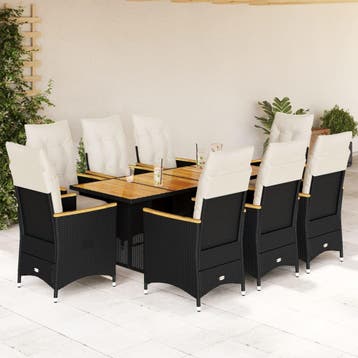 vidaXL 9-delige Bistroset met kussens poly rattan zwart, Verzenden, Nieuw, 8 zitplaatsen