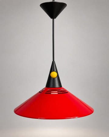 Hanglamp in Memphis-stijl – rood, zwart en een speels geel