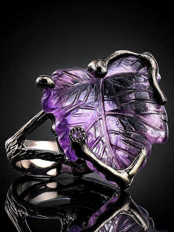 Ingegraveerde amethist bladring - 925 sterlingzilver - zwart