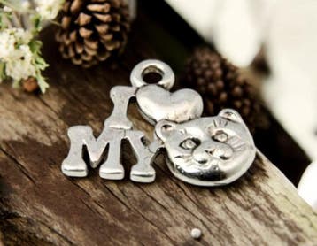 4 x Metalen bedeltje antiek zilverkleur I love my cat 13..., Ophalen of Verzenden, Nieuw, Bedel