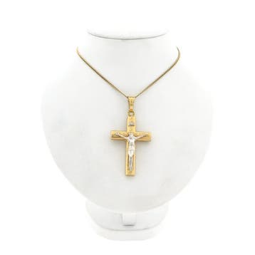 Bicolor gouden hanger van een kruis met corpus, Ophalen of Verzenden, Gebruikt, Goud, Overige merken