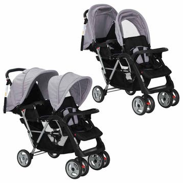 vidaXL Kinderwagen dubbel staal grijs en zwart, Verzenden, Nieuw
