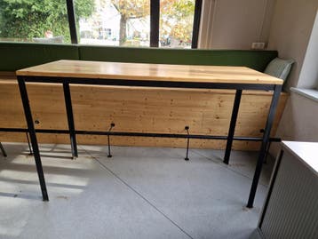 Hoge tafel 180x70x110 cm, massief houten blad, stalen, Ophalen of Verzenden, Gebruikt