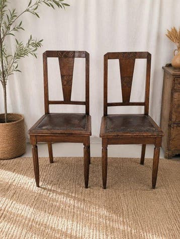 Stoel (2) - Eik - Leer met studs in art-deco-stijl