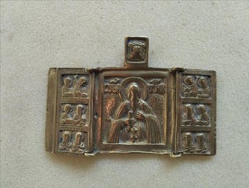 Reis-icoon - Sint-Tikhon, Drieluik met Heiligen - Brons