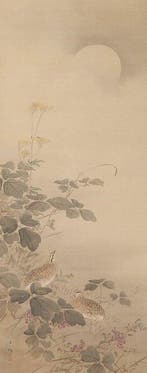 Zeer fijn sumi-e schilderij Kwartels in zomergras onder