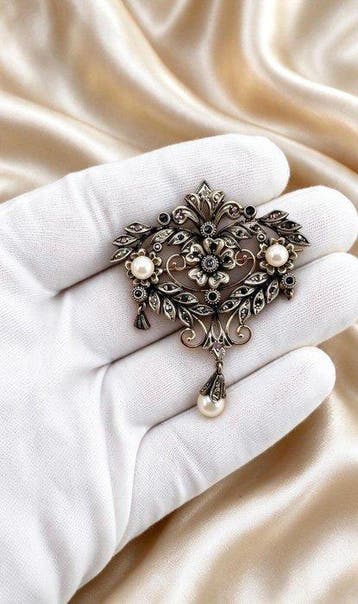 Broche - 18 karaat Geel goud, Zilver - Diamantenbroche