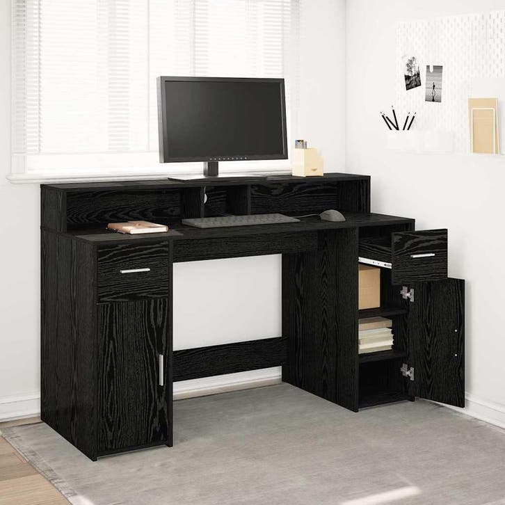 vidaXL Bureau met lade Zwart eiken 140 x 55 x 91 cm Bewerkt, Huis en Inrichting, Bureaus, Nieuw, Verzenden