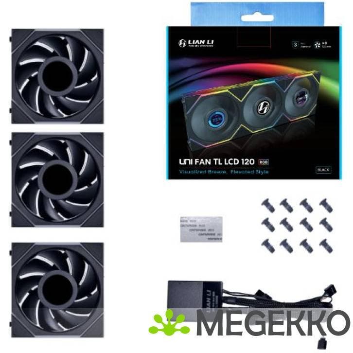 Lian Li UNI FAN TL LCD Series 120mm 3-Pack Black, Computers en Software, Computerkoelers, Nieuw, Verzenden