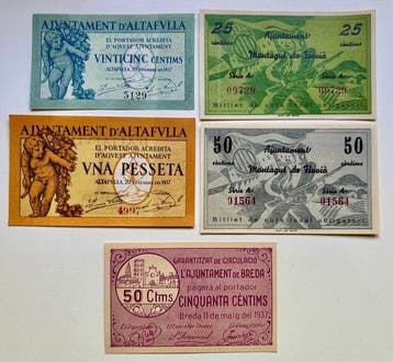 Spanje. - 5 Billetes Locales / Municipales Guerra Civil 1937