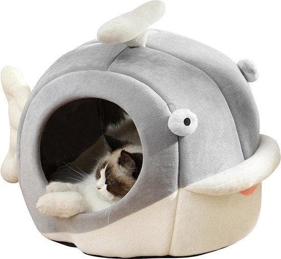 Pawsomepets Kattenmand Vis – Kattenhuis – Kattenbed - Grijs, Dieren en Toebehoren, Kattenmanden, Nieuw, Katoen