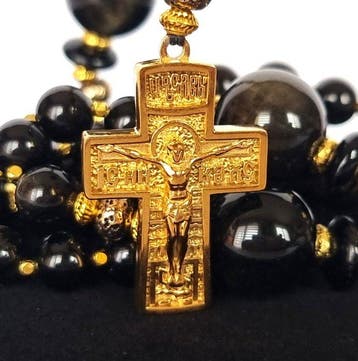 Zilveren obsidiaan & pyriet - orthodoxe rozenkrans –