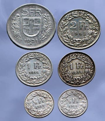 Zwitserland. Set of 6 coins: 1/2, 1, 2, 5 Francs 1914/1963, Postzegels en Munten