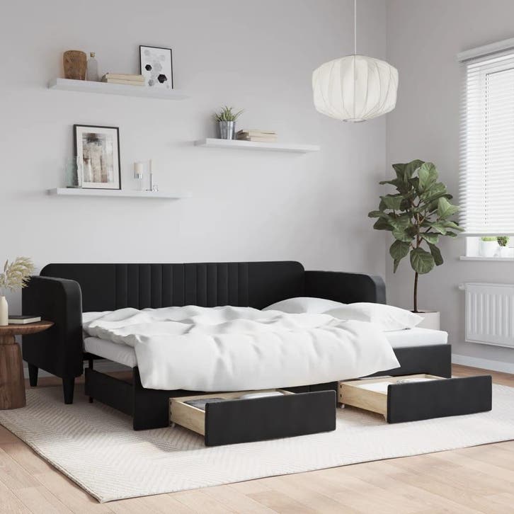 vidaXL Slaapbank met onderschuifbed en lades 80x200 cm, Huis en Inrichting, Slaapkamer | Bedden, 80 cm, 200 cm, Zwart, Eenpersoons