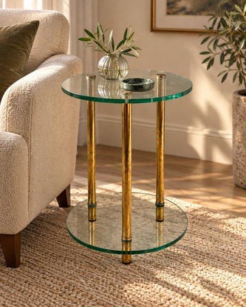 Elegante ronde bijzettafel – helder glas en goudkleurige, Nieuw