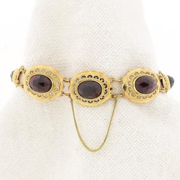 Antiek gouden bootjes armband met granaat | 18 cm, Gebruikt, Ophalen of Verzenden, Met edelsteen, Goud