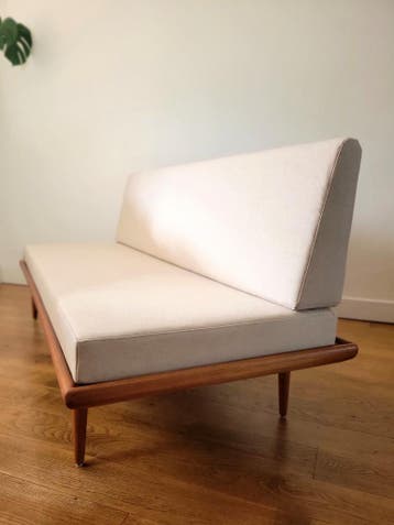 Vintage Deense bank, model Minerva van Peter Hvidt, Ophalen, Gebruikt, Hout, Vintage design, Deens design Mid century Modern, Space Age
