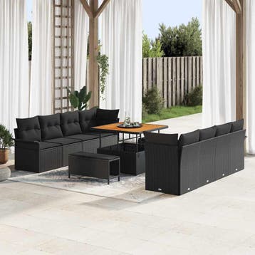 vidaXL Tuinbankenset 11 st Zwart poly rattan, Verzenden, Nieuw, Rotan, Meer dan 8 zitplaatsen