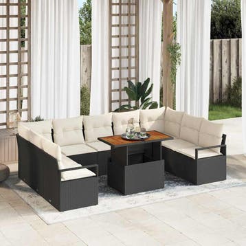 vidaXL Tuin Sofa Set met kussen 10 pcs Zwart en Crème, Verzenden, Nieuw, Rotan, Meer dan 8 zitplaatsen