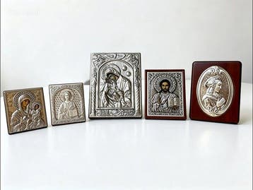 Lot van 5 heilige iconen (5) - Verzilverd - 2000-2010, Antiek en Kunst