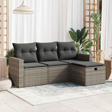 vidaXL 4-delige Loungeset met kussens poly rattan grijs, Verzenden, Nieuw, Loungeset