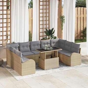 vidaXL Tuin Sofa Set 10 st Beige Poly riet, Verzenden, Nieuw, Rotan, Meer dan 8 zitplaatsen