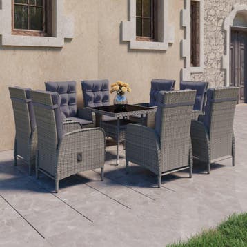vidaXL 9-delige Tuinset poly rattan en glas grijs, Verzenden, Nieuw, 8 zitplaatsen, Tuinset