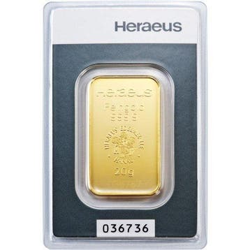 20 gram - Goud .999 - 20g .9999 Fine Gold Bar Heraeus (In