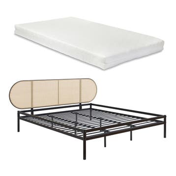 Metalen bed Linköping met matras 180x200 cm zwart en rotan l, Huis en Inrichting, Verzenden, Nieuw