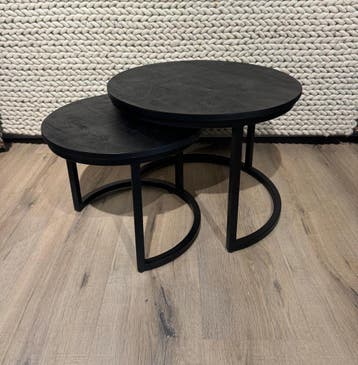 Salontafel rond set van 2 - Zwart Mangohout (op voorraad), Industrieel en vintage, 50 tot 100 cm, Rond, Nieuw
