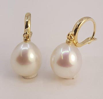 Oorbellen - 14 karaat Geel goud, 10x11 mm witte South Sea, Nieuw