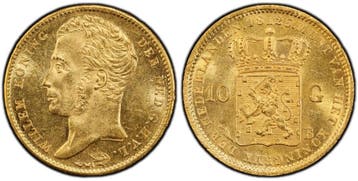 Gouden Koning Willem I 10 Gulden 1825 Brussel MS63 PCGS, Verzenden, Goud, Koning Willem I, Losse munt