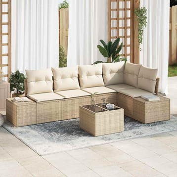 vidaXL Tuinbankenset met opslag Beige en Crème poly rattan, Verzenden, Nieuw, 6 zitplaatsen