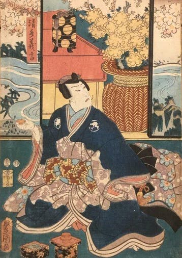 Antieke Japanse houtblok prent van samoerai strijder, Antiek en Kunst