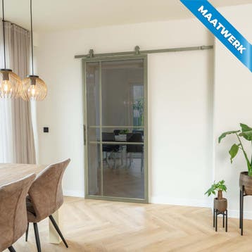 Stalen Schuifdeur 6 Vlaks Olijfgroen Maatwerk Rook glas, Nieuw, Metaal, Inclusief glas