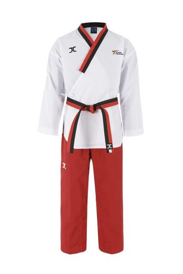 JCalicu poomsae taekwondopak | WT | Wit / Rood (Maat: 140), Verzenden, Nieuw, Taekwondo, Vechtsportpak