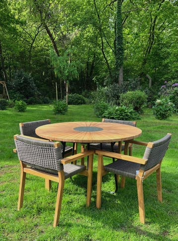 Ronde tuintafel | Teakhout | Natuursteen | 120cm doorsnee |, Ophalen of Verzenden, Nieuw, Rond, Teakhout
